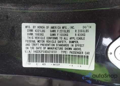2014 Honda Accord Sport z USA, uszkodzony, nr VIN 1HGCR2F58EA216151